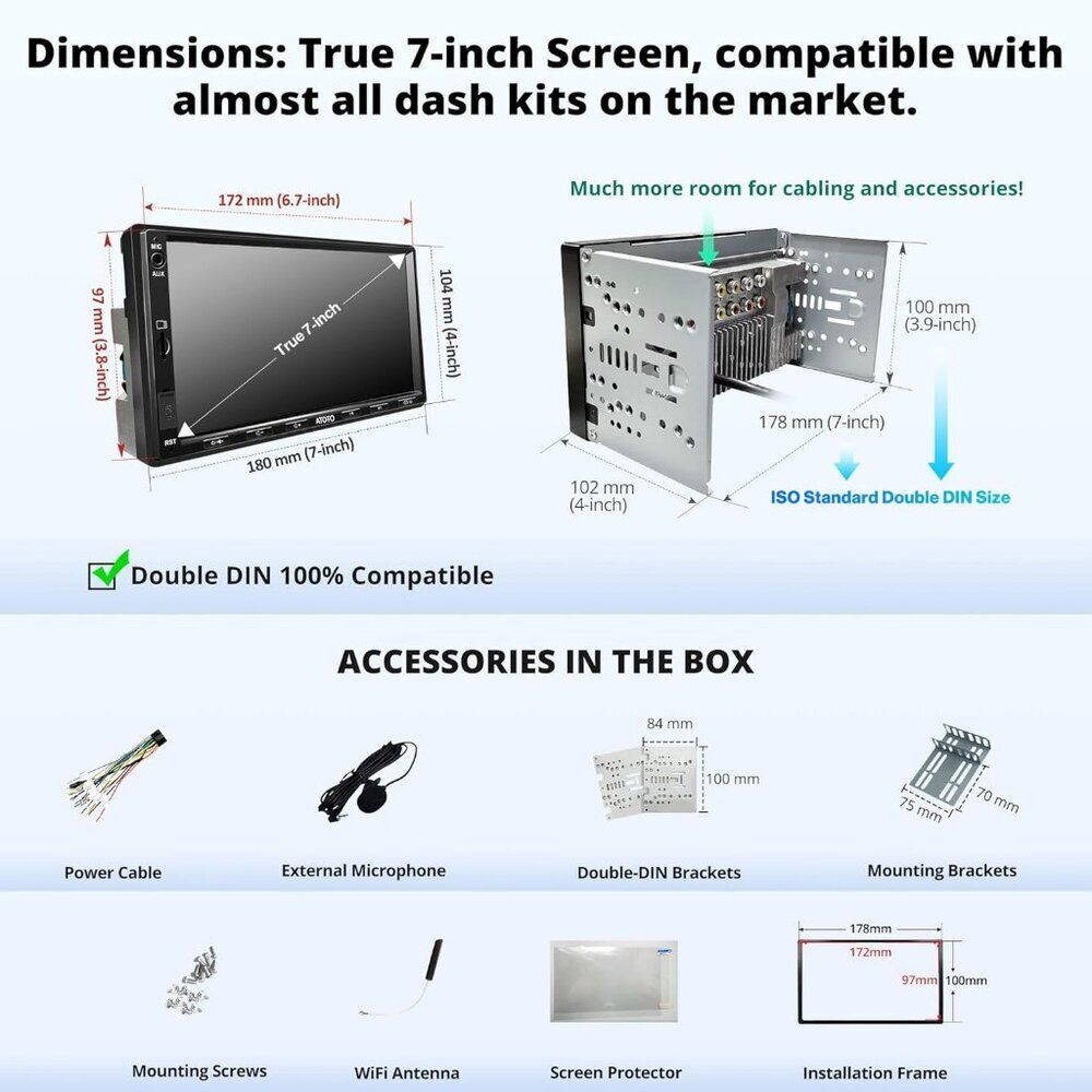 NIB. Double Din Car Stereo/Wireless CarPlay & Android Auto, 7" QLED Screen - Picture 7 of 8
